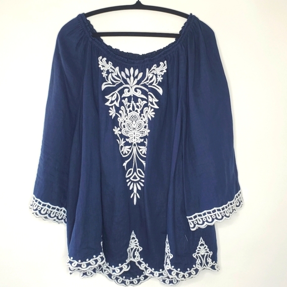 Charter Club 100% Linen Top Size 2X Embroidered Flowy Loose Kimono Sleeve Blouse - Picture 2 of 12